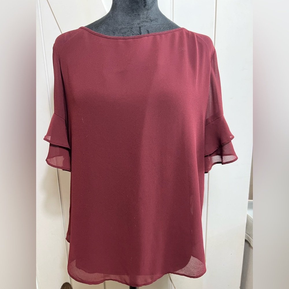Ann Taylor Wine Relaxed Blouse with Ruffled Short Sleeves